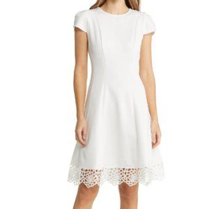 Donna Ricco Tulip Sleeve Lace Hem Fit & Flare Dress WHITE, Size 10